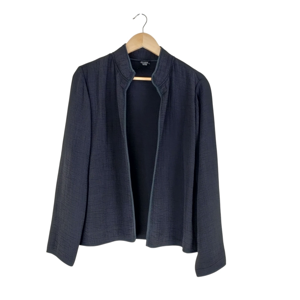 Eileen Fisher Open Front Long Sleeve Silk Blend Crinkled Career Office Sweater